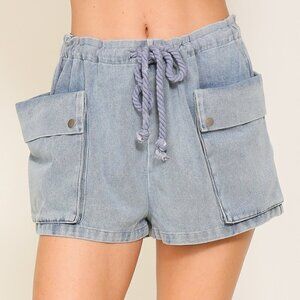 LUMIERE Light Wash Denim Cargo Shorts | Drawstring Utility Pocket Shorts